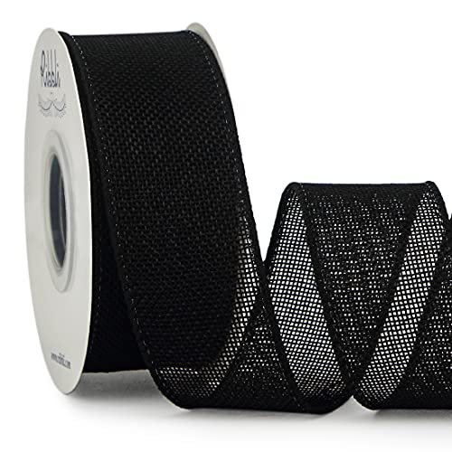 Ribbli Black Burlap Wired Ribbon 1-1/2 Inch x 10 Yard Wired Edge Ribbon for Big Bow Wreath Tree Decoration Outdoor Decoration
