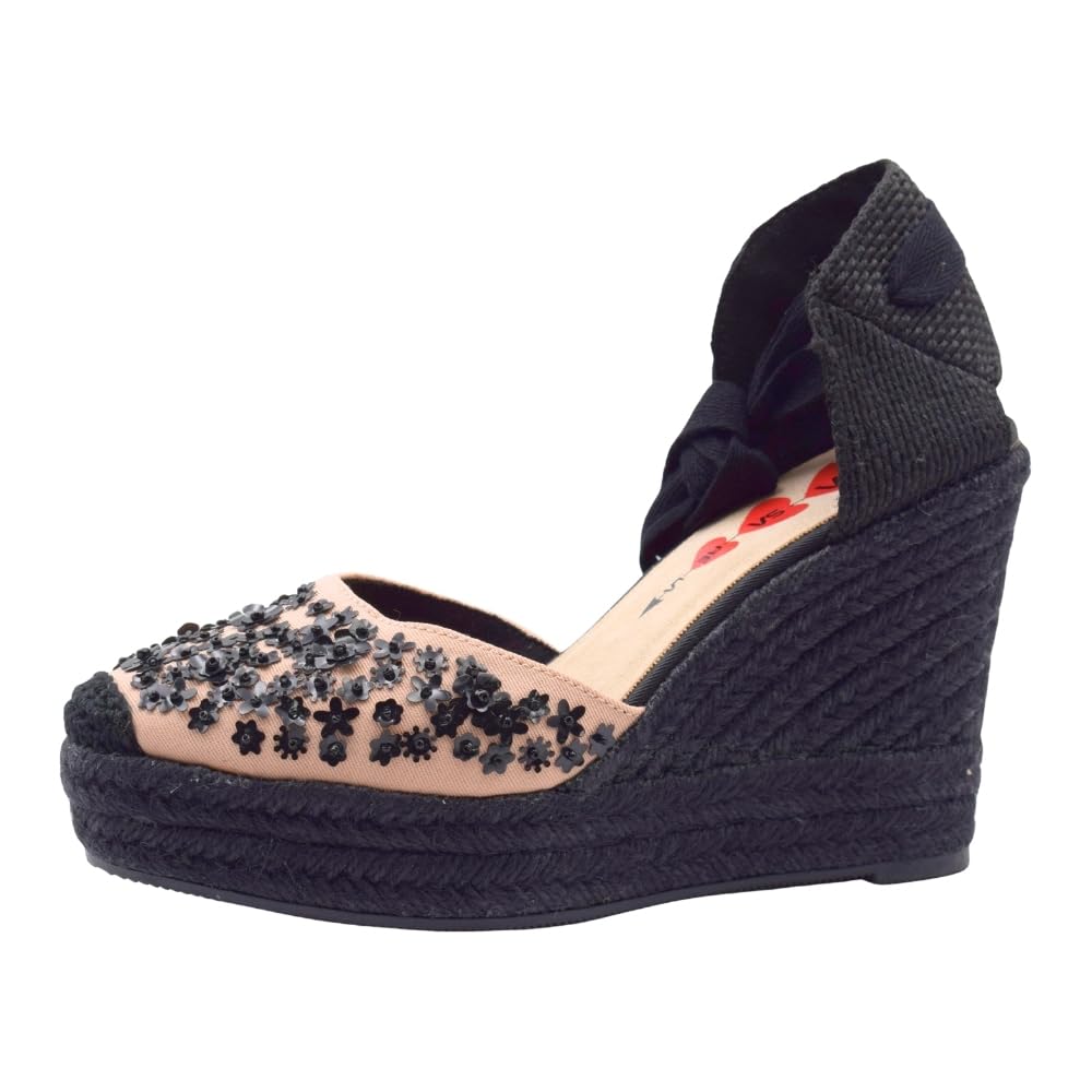 PASARELA - Sandalias valencianas con Detalles de Pedrería Plataforma y cuña de 7 Cuerdas Esparto/Yute para Mujer, Color Negro Textil y sintético