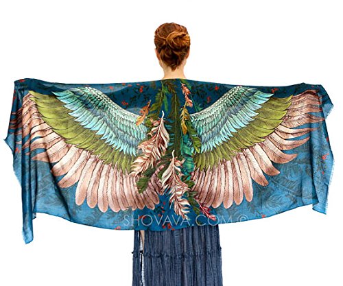 Shovava Jasper Bird Feathers Hand Painted & Printed Silk & Cashmere Scarf (Jasper Blue) #TOP1