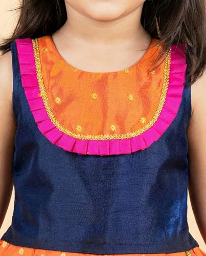 Image of Girls Designer Lehenga Choli Set Orange Rani Pink Readymade Pattu Pavadai Style Traditional Ethnic Dress for Baby Girls Kids Festive Wedding 3Months-8 Years