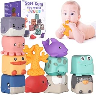 LESONG Baby Blocks Soft Building Blocks, Educational Squeeze Play for Toddlers 6 9 12 Months, Cute Animal Baby Montessori Toys, Sensory Stacking Teether Toys for Infant