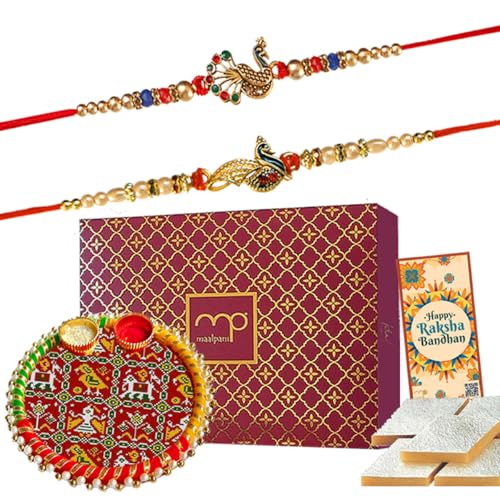 Image of maalpani Rakhi with Sweets Gift Box - Designer Rakhi for Brother with Roli Chawal & Greeting Card - Raksha Bandhan Gift Hamper for Bhai (D2068s) Dryfruit -Bites-katali Sweet