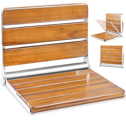 19 Folding Teak Shower Seat - Wall Mounted Bench, ADA Compliant, Folding Bathtub Seat for Kids, Adults & Elderly