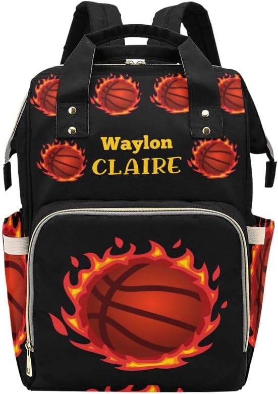 Fire basketball Personalized Diaper Bag Backpack,Custom Name Large Capacity Diaper Backpack Travel Casual Daypack Nappy Bags Gifts