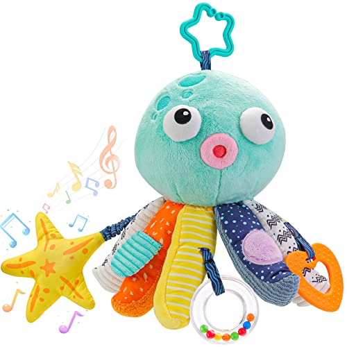 Image of Baby Toys for 0 3 6 9 to 12 Months, Soft Hanging CarSeat Toys with Crinkle Rattles Teether, Infant Newborn Stroller Crib Toy Sensory Activity Music Plush Animal for Babies Boys Girls Gift, Octopus