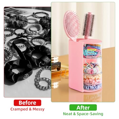 Image of neotidy Hair Accessories Organizer with Hair Brush Holder, Rotating Hair Tie Product Organizer for Girls, 3-Tier Makeup Brush Holder for Clips, Bows & Brushes (Pink, 3-Tier)