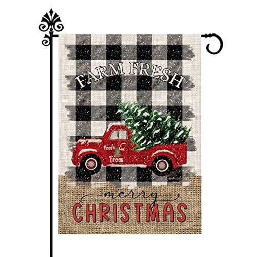 Christmas Garden Flag Farm Fresh Red Truck Tree Buffalo Check Winter Merry Christmas Double Sided Burlap Vertical Outdoor Yard Decorations 12.5 x 18 Inch