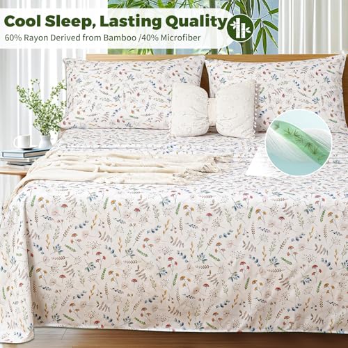 Image of Bedlifes Extra Deep Pocket 18-24 inch Queen 4-Piece Sheet Set - Cooling Sheets Blend Rayon Derived from Bamboo Soft & Breathable Floral Design