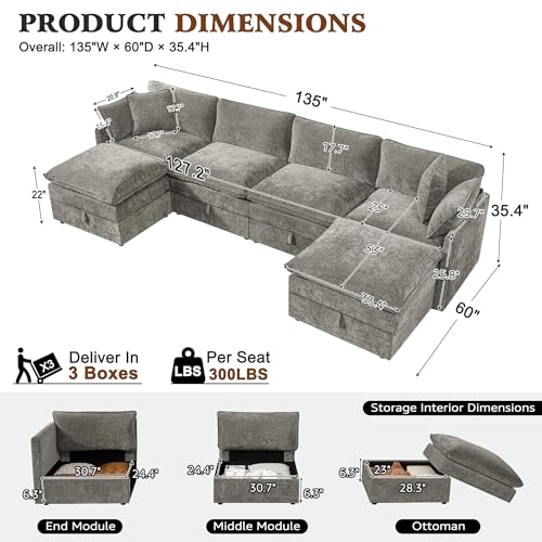 Image of Ihanherry 135 inch Modular Sectional Sofa with Storage, U Shaped Cloud Couch with Movable Ottomans & 4 Pillows, Chenille Deep Seat Sectional Couches for Living Room, Apartment (Grey)