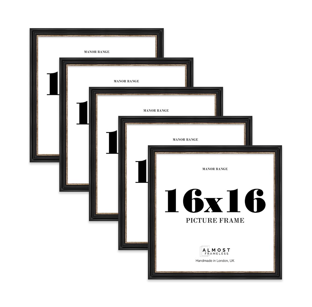 16x16 Picture Frame, Display 16x16 Pictures (40.6 x 40.6cm) - Black & Gold Refined 42mm Edge Photo Display - 5 Pack