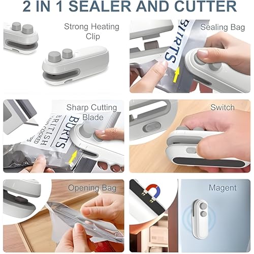Image of ARISTOVA Portable Mini Sealing Machine | 2-in-1 USB Rechargeable Magnetic Bag Sealer with Cutter | Handheld Packet Sealer | Type C Charging Vacuum Sealer for Food, Snacks & Chips | White