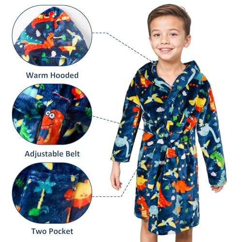 Baogaier Bademantel Jungen mit Kapuze Morgenmantel Kuschelig Warmen Weichen Pyjamas Fleece Hoodie Roben Nachtwäsche Kinder Nachthemd Geschenke 5-6 Jahre,GR.110-116, Blau Dinosaurier