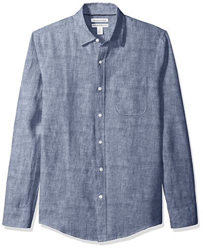 Amazon Essentials Men's Slim-Fit Long-Sleeve Linen Shirt, Navy, Large