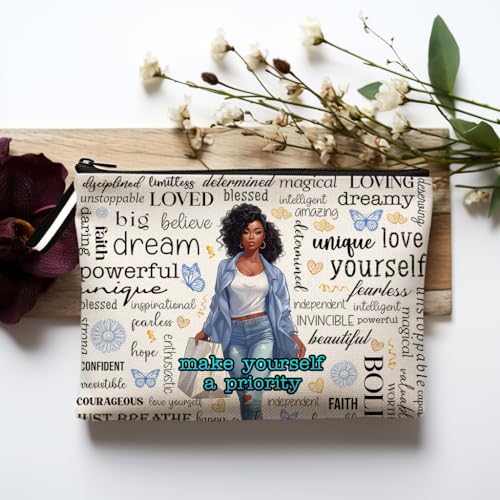 OUZ African American Makeup Bag, Black Women Cosmetic Bags Inspirational Gift, Funny Cosmetic Pouch Travel Bag for Women Sister Graduation Friendship Birthday Gifts- Make yourself a priority - Image 6