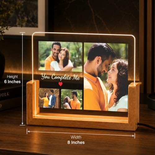 Image of Giftplease Personalized LED Acrylic Photo Frame with Custom Picture and Message, Couple Photo Lamp, Wooden Base USB LED, Romantic Bedroom Decor, Anniversary Memory Display, Wedding, Engagement