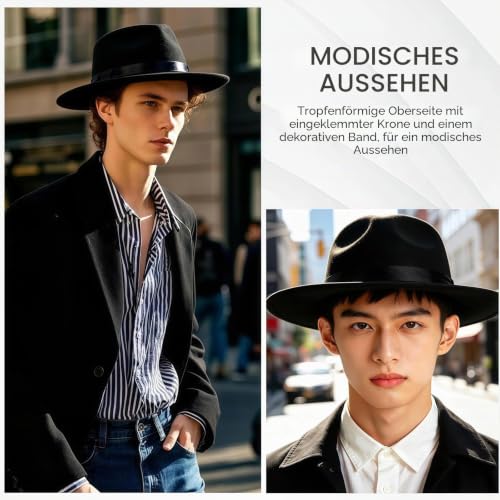 Schwarzer Fedora-Hut mit breiter Krempe und Satinband, Panamahut, Rancher-Hut für Damen und Herren, Schwarz , Einheitsgröße