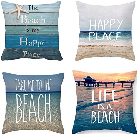 PSDWETS Home Decor The Beach is My Happy Place Pillow Covers Set of 4 Cotton Linen Beach Decor Throw Pillow Case Cushion…