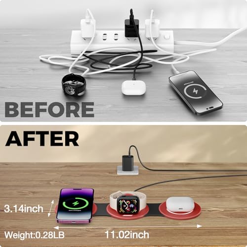 Image of Hicober 3 in 1 Wireless Charging Station for Apple Watch and iPhone Air 17 16 15 14 13 12 Pro Max /Plus, Magnetic Foldable Wireless Travel Charger Station Stand for Airpods iWatch All Series Dark Red
