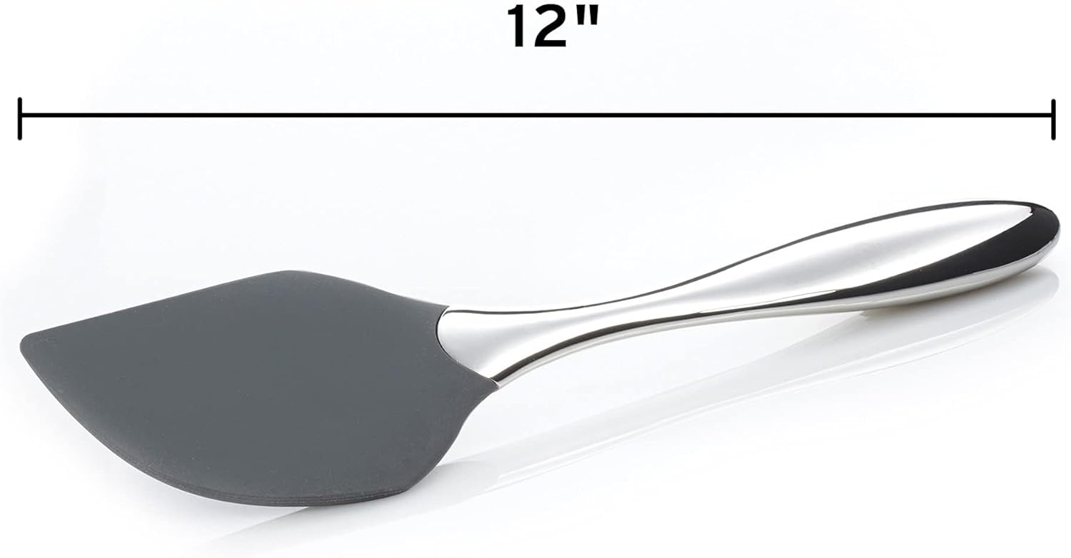 nambe Curvo Spatula Bowl Scraper | 12 Inch Heat Resistant Kitchen Scraper for Baking and Cooking | Made of Stainless Steel and Silicone | Designed by Steve Cozzolino