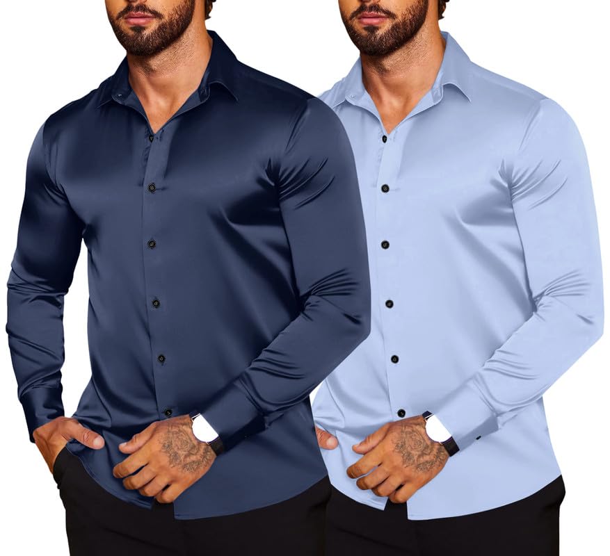 Image of Combo of Men's Premium Satin Cotton Shirt with Full Sleeves & Spread Collar | Smooth Finish | Slim Fit | Stylish Button Down Shirt for Evening, Casual Pack of 2