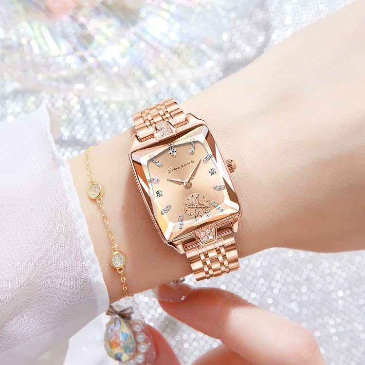 Image of Giordano Analog Watch for Women - Rectangular Dial, Crystal Hour Markers and Rose Gold Stainless Steel Strap