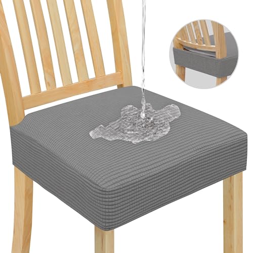 Easy-Going 100% Waterproof Seat Covers for Dining Room Chairs, Stretch Jacquard Chair Seat Slipcovers Removable and Washable Kitchen Dining Chair Covers (Set of 6, Light Gray)