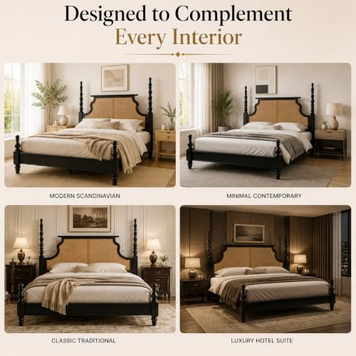 Image of Solid Wood Poster King Size Poster Honeymoon Bed Without Storage with Designer Piller and Cane Crafting for Couple Bedroom (King Size, Walnut Finish, 1 Piece)