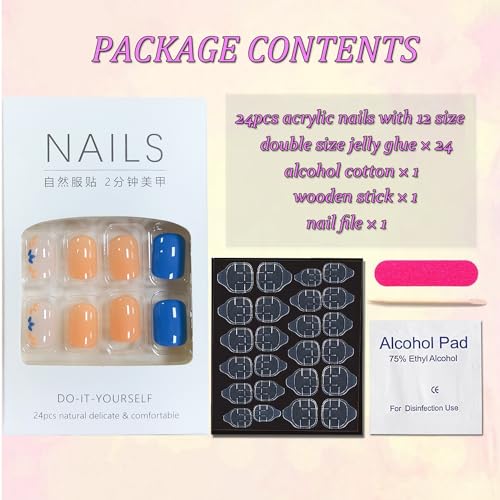 Flower Press on Short Nails Square Flowers Fake Nails Small Flower Glue on Nails Full Cover Stick on Nails with Spring Summer Design Acrylic False Nails DIY Nails Press ons for Women Girls 24Pcs - Image 6