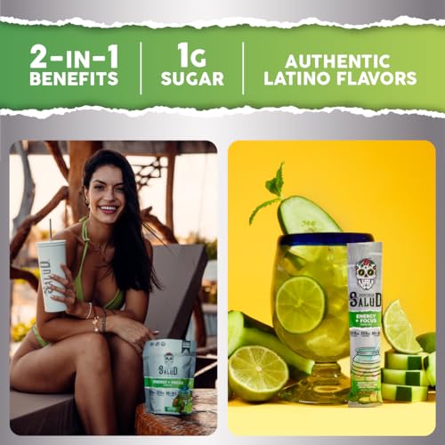 Image of Salud 2-in-1 Energy Drink Powder + Focus, Cucumber Lime, Organic Caffeine, B6 + B12, Theanine, Clean Energy Drink Packets, Agua Fresca Mix, Non-GMO, Gluten Free, Vegan, 1g of Sugar, (15 Servings)