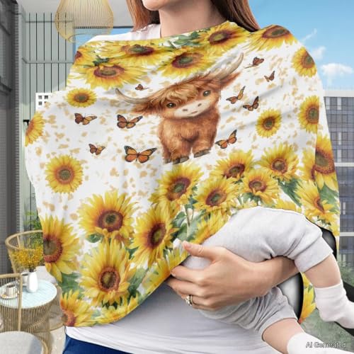 Image of Wanyint Baby Car Seat Covers Carseat Canopy for Boys Girls, Multi-Use Nursing Breastfeeding Covers Mothers Nursing Scarf, Highland Cow Butterfly Sunflower