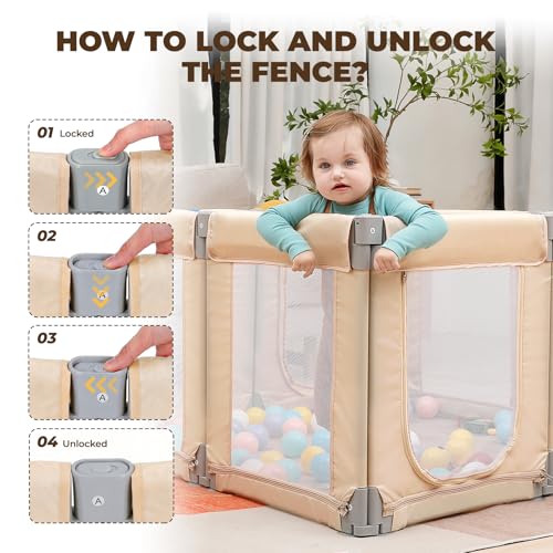 Image of Dripex Small Foldable Baby Playpen, 49 inchx47 inch Small Space Play Yard for Travel - Portable Collapsible Play Pen for Babies, Indoor Outdoor Baby Fence, Beige