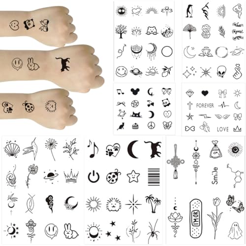 NIANOPKM Juegos de pegatinas de tatuajes temporales, 109 hojas de tatuajes removibles pequeños, bohemio de cara de lino, de niña, flor, luna de loto, negro
