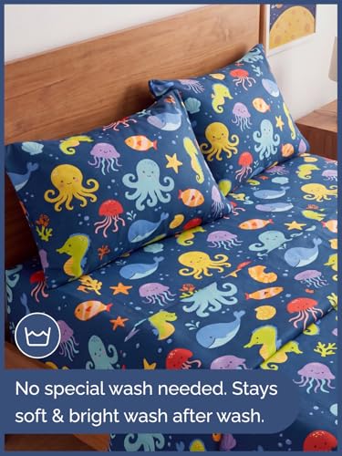 Image of Kids Queen Sea Creatures Bed Sheets - 4 Piece Kids Sea Creatures Sheet Set | Sea Creatures Themed Bedding, Ultra-Soft, Cute & Cozy, Breathable & Machine Washable, Bed Set for Boys, Girls & Teens, Comfy