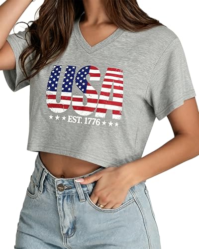 Image of Womens Crop Tops Short Sleeve V Neck Summer Cropped T Shirts Baisc Tees