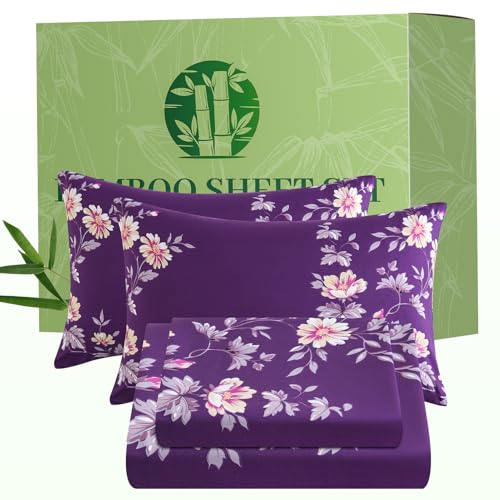 Image of Bedlifes Extra Deep Pocket 18-24 inch King 4-Piece Sheet Set - Cooling Sheets Blend Rayon Derived from Bamboo Soft & Breathable,Featuring Dark Purple Floral