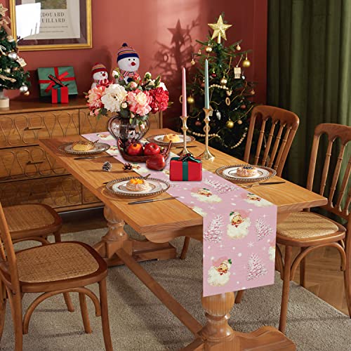 Christmas Table Runner Santa Claus Merry Christmas Tree Snowflake Pink Long Runners For Winter Xmas Home Kitchen Dining Party Decor 13 X 72 Inch #TOP2