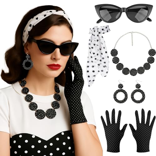 GWAWG Rockabilly Accessoires Damen Set, 50er Jahre Kostüm Zubehör, Vintage Schmuck, Handschuhe, Brille, Ohrringe & Stirnband für Karneval, Fasching, Halloween & Retro Partys