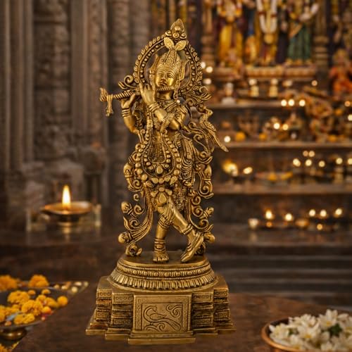 Image of Shree Krishna Idol with Flute Vrindavan Krishna Idol|100% Pure Brass Big Size Statue 35 cm, 2.5 Kg |Krishna Murti for Home Decor, Pooja Room, Mandir Decoration