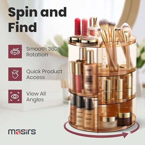 Image of Masirs 360 Rotating Makeup Organizer - Adjustable Shelf Height and Fully Rotatable - The Perfect Round Spinning Cosmetic Organizer for Bedroom Dresser or Vanity Countertop Storage (Brown)