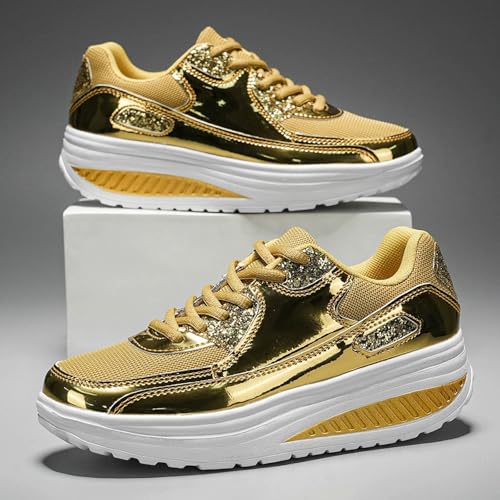 Sequin Sneakers for Women Platform Wedge Lace Up Orthopedic Shoes Comfortable Casual Flatform Arch Support Sneaker Womens Non Slip Walking Tennis Running Sport Workout Athletic Shoes4