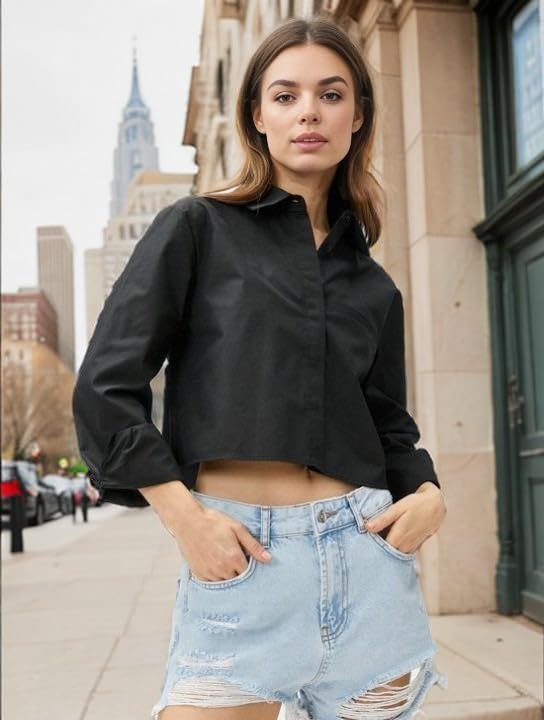 Zeagoo Womens Button Down Cropped Shirts Long Sleeve V Neck Solid Tops Casual Collared Blouse with Chest Pocket XS-XXL3