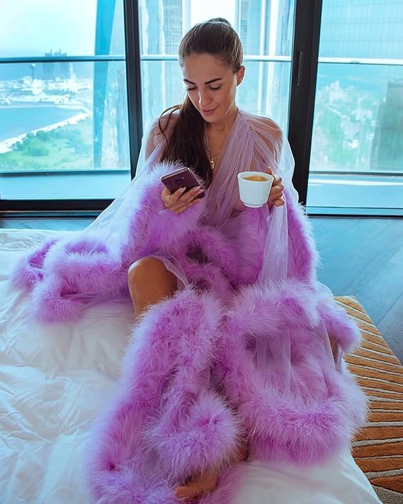 Image of Long Fur Tulle Robe for Women, Maternity Lingerie, Sexy Robe for Maternity Photoshoot