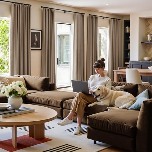 Image of Extra Long Light Taupe Curtains Rod Pocket 52x108 Inch 2 Panels | Soft Velvet, For Tall Windows & High Ceilings, Light Shifting Texture, Elegant Luxury Drape, Rich, Rod Pocket