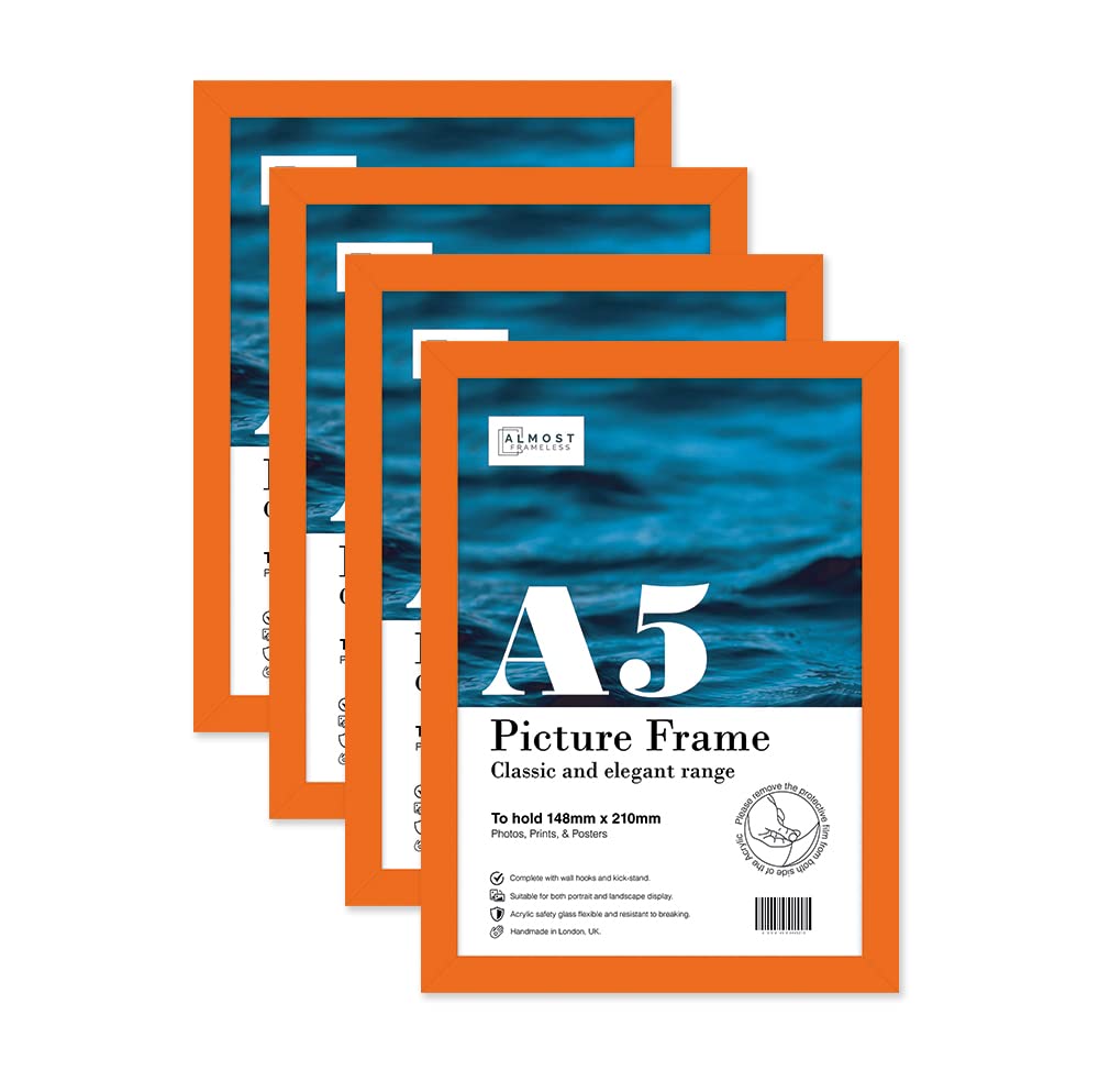 Almost Frameless A5 Orange Picture Frame Set of 4, Display A5 Picture Gallery Wall, Poster, Photo, Artwork, or Print, Orange