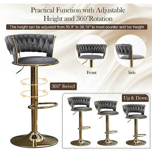 Image of Dream Furnishing - Set of 2 Bar /Kitchen Chairs 360 Degree Rotatable Swivel Elegant Classy & Comfortable Chair with Golden Base and Velvet Fabric (2 Chairs) (Dark Grey)