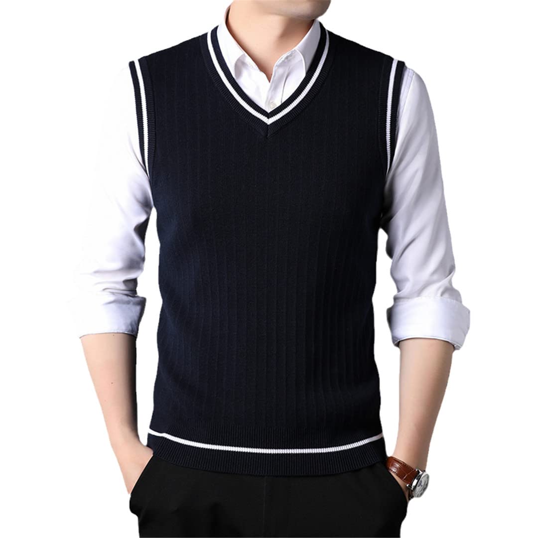 Chaleco de Hombre Otoño Invierno Slim Fit Punto Cuello en V Suéter Chaleco Hombres Chaleco sin Mangas de Lana Casual Navy XL