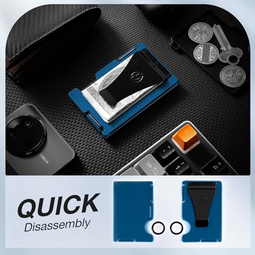 Image of Wallet for Men with Inner Key Coin Tray, Minimalist Card Holder with Money Clip, Slim Metal Front Pocket Wallet, RFID Blocking, Navy Blue, PMLCO-03