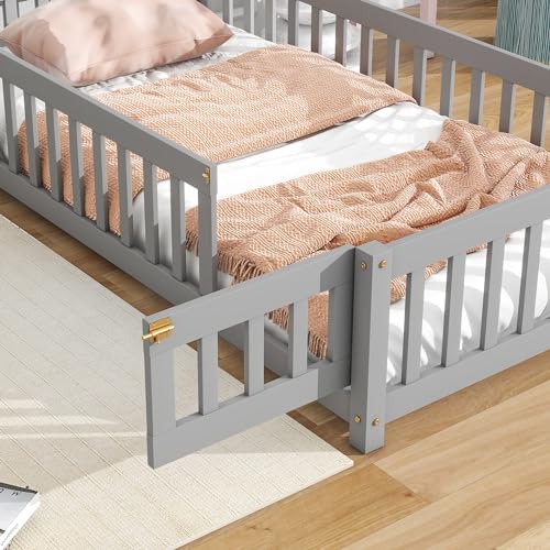 Twin-House-Shaped-Headboard-Floor-Bed-with-FenceGrey Twin House Shaped Headboard Floor Bed with FenceGrey