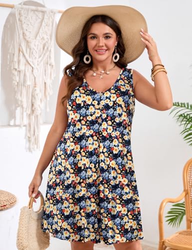 Image of JollieLovin Women Plus Size Summer Sundress Tank Sleeveless V Neck Beach Swing Dress Swimsuit Cover ups(L-5X)
