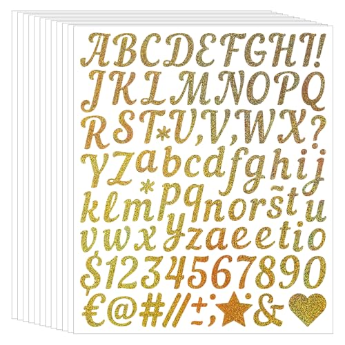 880Pcs Glitter Letter Stickers 10 Sheets Alphabet Stickers 1Inch Vinyl Self-Adhesive Waterproof Numbers Symbols for Scrapbook Water Bottles Mailbox Gift Packaging (Gold (Cursive Script))